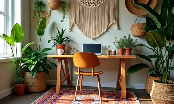A relaxed bohemian workspace with a wooden desk, macrame decor, woven baskets, colorful rugs, and ambient lighting, inspiring creativity