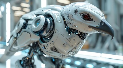 Fototapeta premium Close-up of a futuristic robotic bird, detailed mechanical design, white and gray color scheme, in a modern industrial setting.