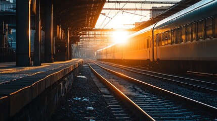 Sunrise over train tracks at a train station. Concept of travel, transportation, and journey.