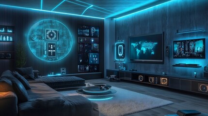 Futuristic Digital Control Room with Neon Lighting and Advanced Data Analytics Dashboard