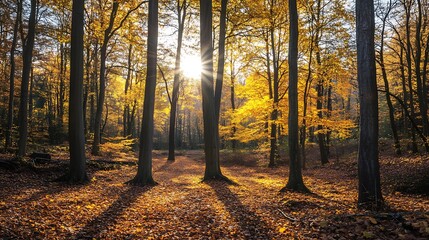 Fototapeta premium Golden Autumn Forest Sunlight. Tranquil Nature Scene.