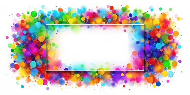 Vibrant watercolor explosion with a central rectangular frame for text or images, perfect for celebratory designs and joyful announcements.