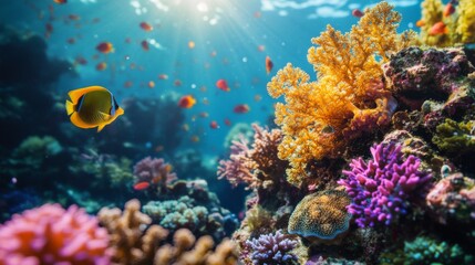 Naklejka premium Colorful Coral Reef with Diverse Marine Life, Vibrant Corals, Tropical Fish, and Sunlight Filtering Through Water, Underwater Photography in a Lively Seascape