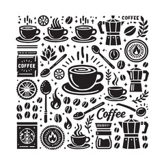 Coffee cups and beans icons silhouette vector illustration on white background
