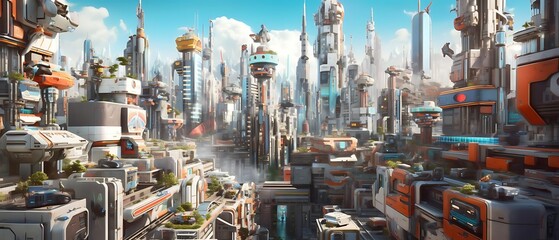 Futuristic cityscape with towering skyscrapers, advanced technology, and vibrant architecture.