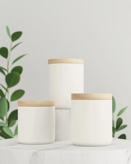Trio of Stylish White Storage Jars with Wooden Lids on Display