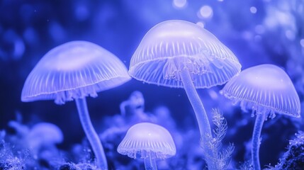 Ethereal Glow of Bioluminescent Jellyfish in a Tranquil Ocean Scene Creating a Dreamlike Underwater Atmosphere with Soft Blue Tones and Mystical Charm