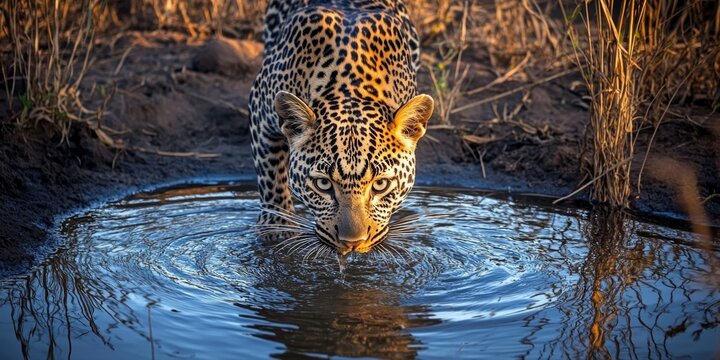 Leopard extending its reach to drink water, showcasing the graceful movements of this majestic leopard as it approaches the water source for hydration and sustenance.