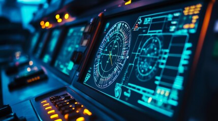 Futuristic Control Room with Advanced Technology Displays Showcasing Digital Navigation Interfaces and High-Tech Instrumentation for Monitoring Systems