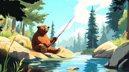 2D cartoon illustration of a bear fishing for salmon in a river.--ar 16:9