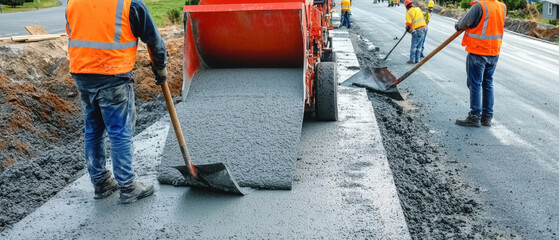 Concrete construction. Construction workers pouring concrete on a road.