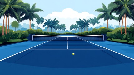 Tropical tennis court with palm trees.