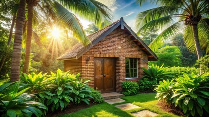 Serene Brick Cottage Nestled Amidst Lush Tropical Foliage Bathed in Golden Sunlight