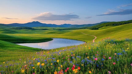 Fototapeta premium [Wellness positive rehabilitation emotional] Vibrant Wildflower Meadow Landscape with Rolling Hills under Clear Blue Sky - Serene Rural Scene Perfect for Spring Summer Photo Editing.