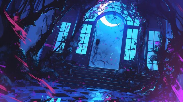 Stylized horror background, dark anime vibes with intense shadows