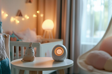  baby monitor sits on a table in a nursery. The room is decorated with a white crib and a rocking chair