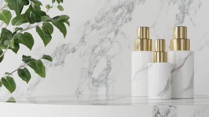 Elegant Marble Display with Cosmetic Bottles on a Modern Surface