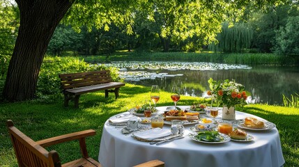 Fototapeta premium [Outdoor brunch outdoor Alfresco] Romantic Outdoor Celebration by Lake with Clear Sky and Greenery