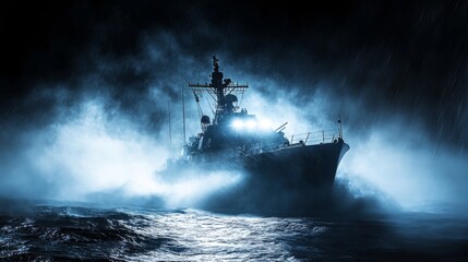 Majestic Warship Navigating Stormy Seas Amidst Thunderous Waves and Dark Skies, Illuminated by Powerful Beams of Light in a Dramatic Maritime Scene
