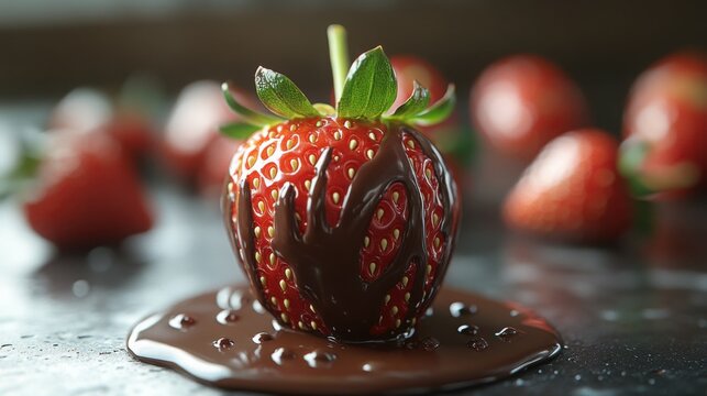 Single strawberry dipped in chocolate, placed on a smooth white surface, showcasing indulgence and elegance