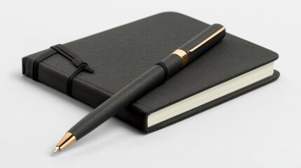 Dark gray notebook and pen on white background.