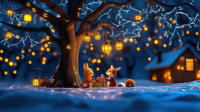 [Festive gatherings family joyous exchanges] Winter Wonderland Family Night Scene Under Twinkling Tree Canopy with Snowy Ground