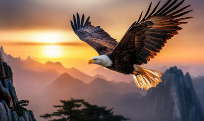 Obraz premium A white headed eagle flying in the clouds at the top of a high mountain