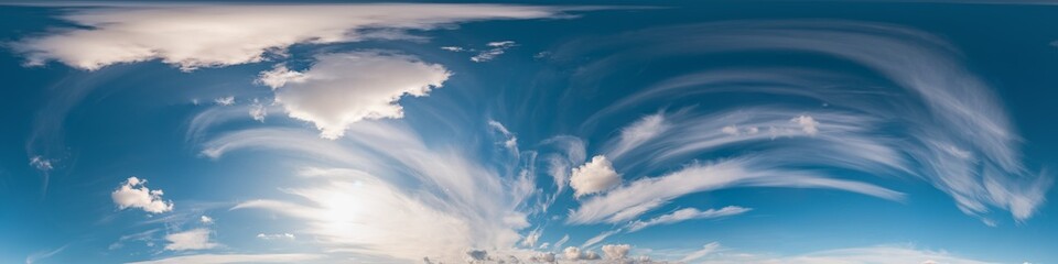 Sky 360 panorama - Bright blue sky filled with fluffy white Cirrus clouds. Seamless hdr spherical 360 panorama. Sky dome, sky replacement for aerial drone 360 panoramas. Weather and climate change