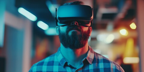 Young man with a beard engaged in virtual reality experiences while wearing VR glasses in a contemporary coworking studio. The VR headset enhances his smartphone use, with a blurred background and