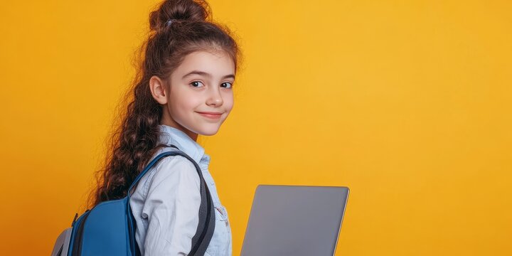 Beautiful schoolgirl engaging with a laptop against a vibrant yellow background, showcasing the charm of a beautiful schoolgirl in a modern learning environment with technology. - Powered by Adobe