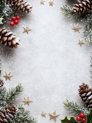 Festive Winter Scene with Pine Cones, Holly, Red Berries, Glittering Stars, and Snowflakes on a Gray Background for Holiday Celebrations and Seasonal Decor