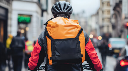 Obraz premium Rear view of cyclist delivery person with orange backpack in city.