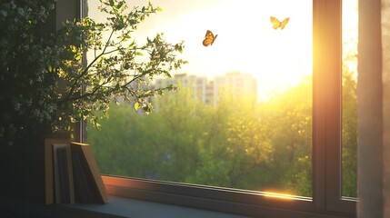Fototapeta premium Serene Nature Landscape with Butterflies Passing by Sunlit Window