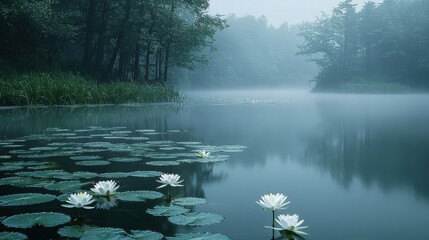 [Soft silhouettes smooth airy ethereal] Serene Pond Reflections Amidst Lush Greenery Under Soft Overcast Sky