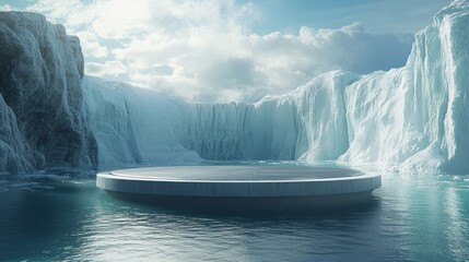 Elevated podium floating in a serene ocean surrounded by icy cliffs and glaciers 