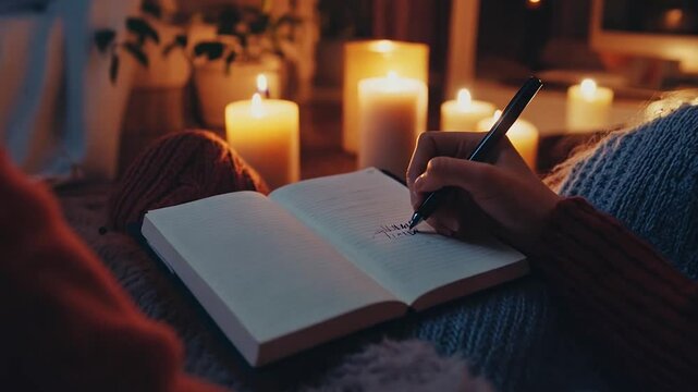 A person writing in a journal in a warm, candlelit room, creating a peaceful and reflective ambiance perfect for creative thoughts