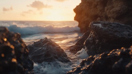 Obraz premium Serene Coastal Sunset with Waves Crashing Against Rocky Shoreline, Capturing Nature's Beauty in a Tranquil Ocean Landscape