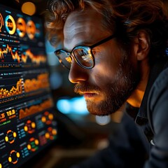 Focused man analyzing data on large monitor at night.