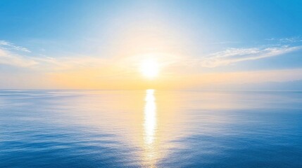 Serene Ocean Sunrise with Soft Blue Sky and Gentle Waves Reflecting the Warm Glow of Sunlight Over Calm Waters, Evoking a Sense of Tranquility and Peace