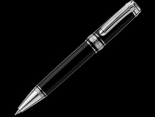 Elegant black and silver ballpoint pen isolated on black background.