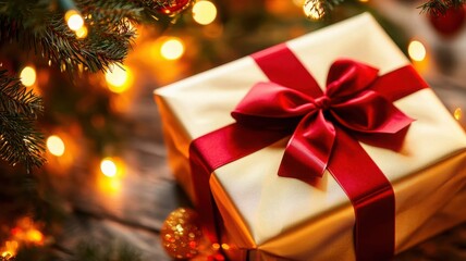 A beautifully wrapped Christmas gift glows with festive lights and holiday spirit.