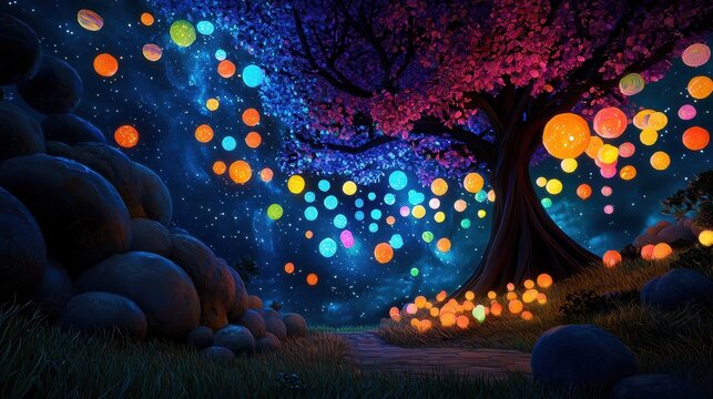[Virtual gatherings virtual collaboration] Mystical Nighttime Scene with Glowing Orbs in Forest Ambiance