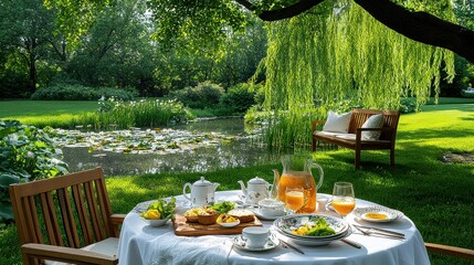 [Outdoor brunch outdoor Alfresco] Cozy Outdoor Dining Scene Under Nature's Shade