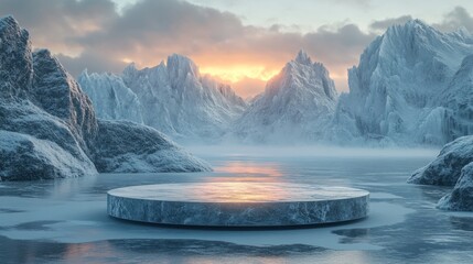 Empty podium resting on a frozen lake surrounded by jagged ice mountains glowing softly