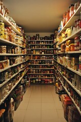 Grocery Shelves with Abundant Food Products and Merchandise