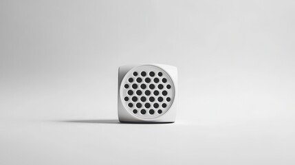 White cube speaker with round perforated grill on a white background.