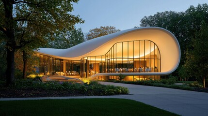 [Outdoor gatherings community reunions parties] Contemporary Building Amidst Natural Landscape with Curved Windows at Night