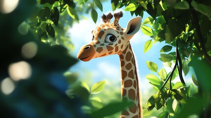 2D cartoon of a baby giraffe trying to reach high leaves in a tree.--ar 16:9