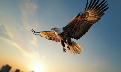 Obraz premium A white headed eagle flying in the clouds at the top of a high mountain