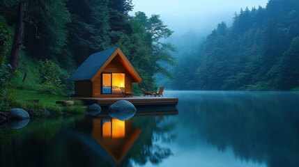Fototapeta premium [Nature Retreats mindfulness camping] Cozy Cabin by Lake Under Starry Night Sky with Reflecting Water and Lush Forest